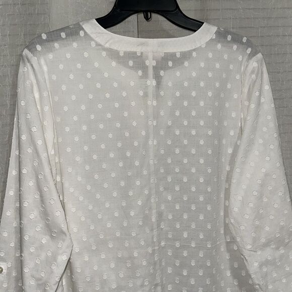 Van Heusen L White Cotton Swiss Dot Long Tab Roll up Sleeve V-Neck Top - Picture 4 of 14
